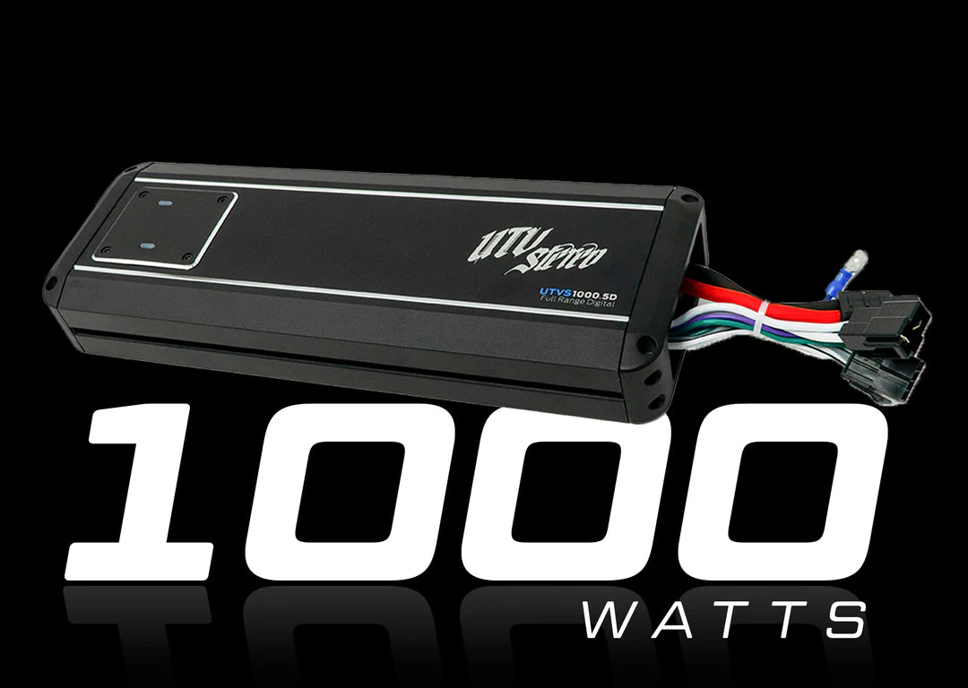 Car audio amplifier with 'UTV Sound' branding and '1000 watts' text on a black background
