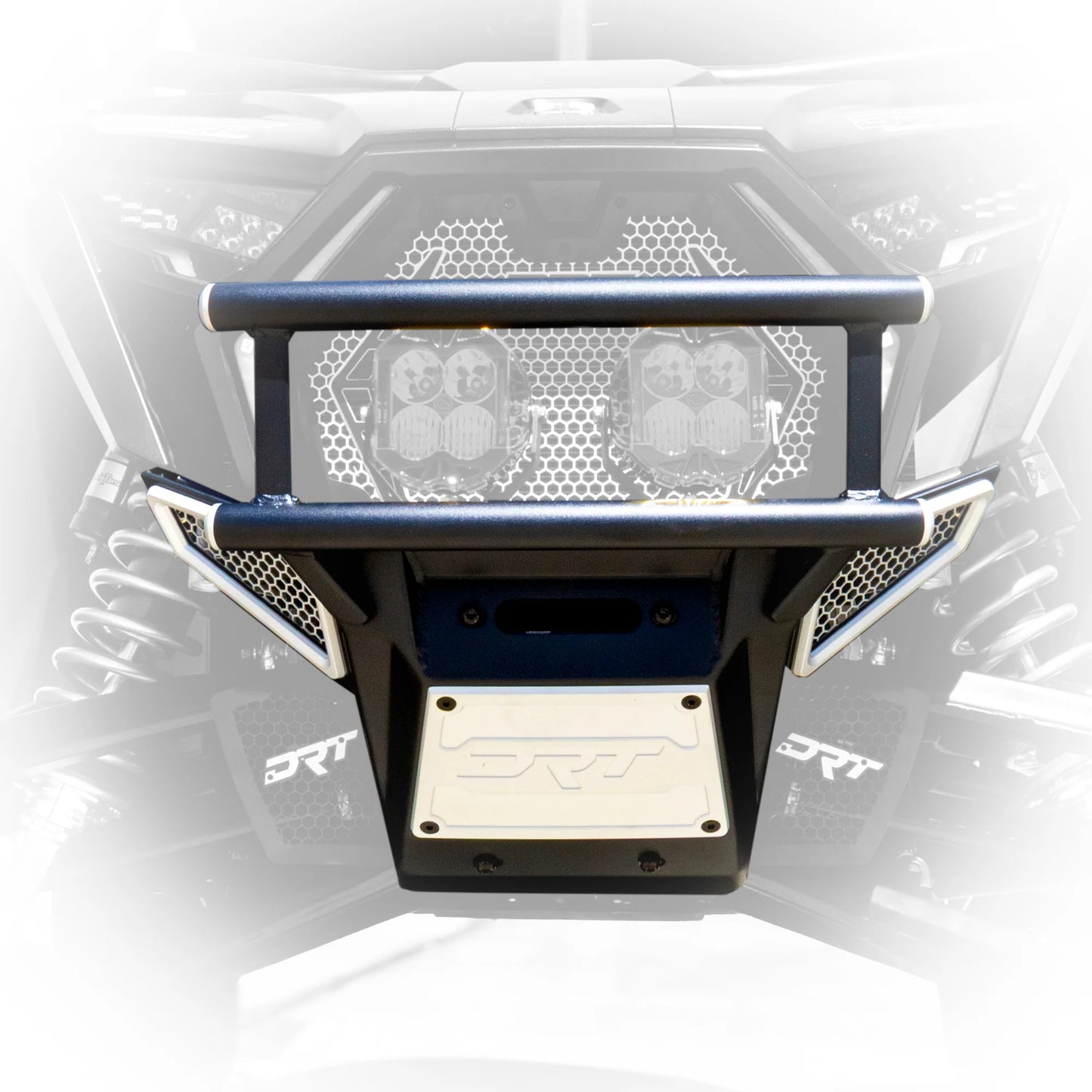 Automotive bumper with honeycomb design and visible branding on a white background