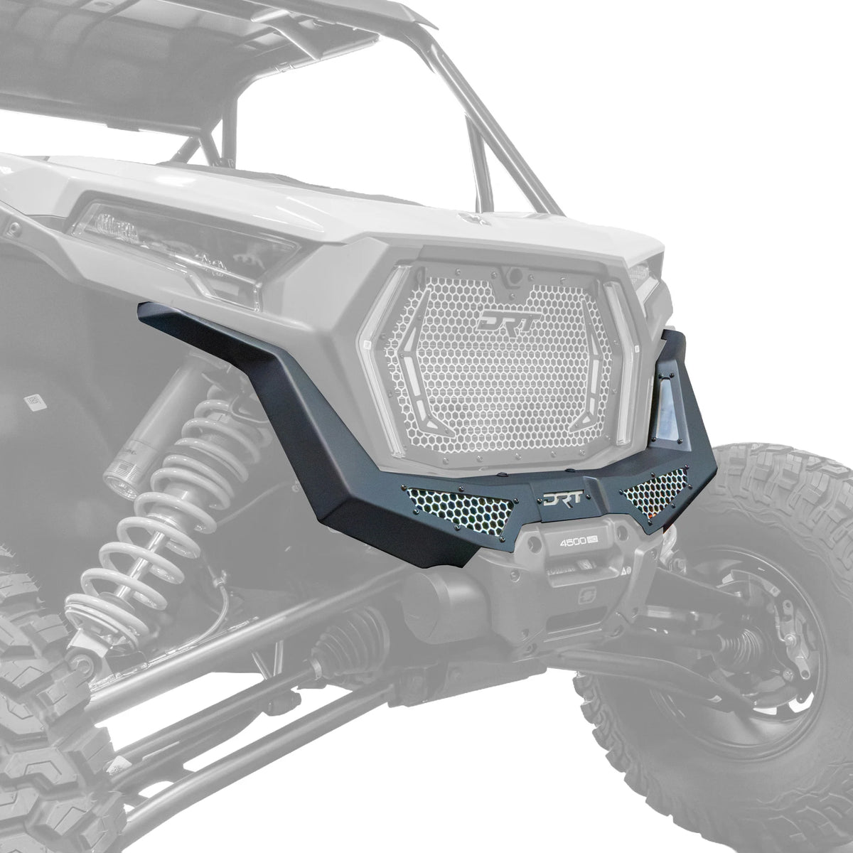 Side profile view of bumper mounted on XP 1000 with white background