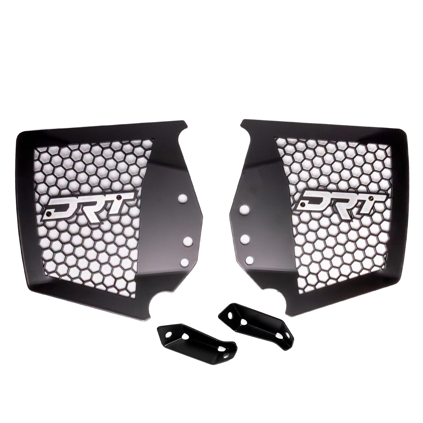 Two black honeycomb grills with DRT logo on a white background