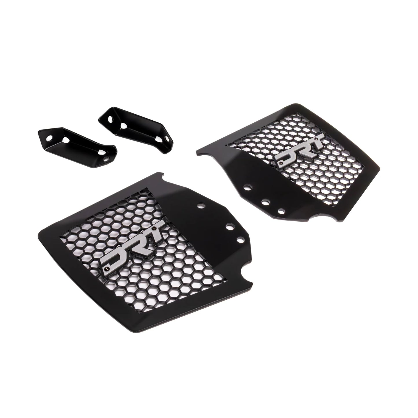 Black mesh protective covers with 'DT' logo on a white background
