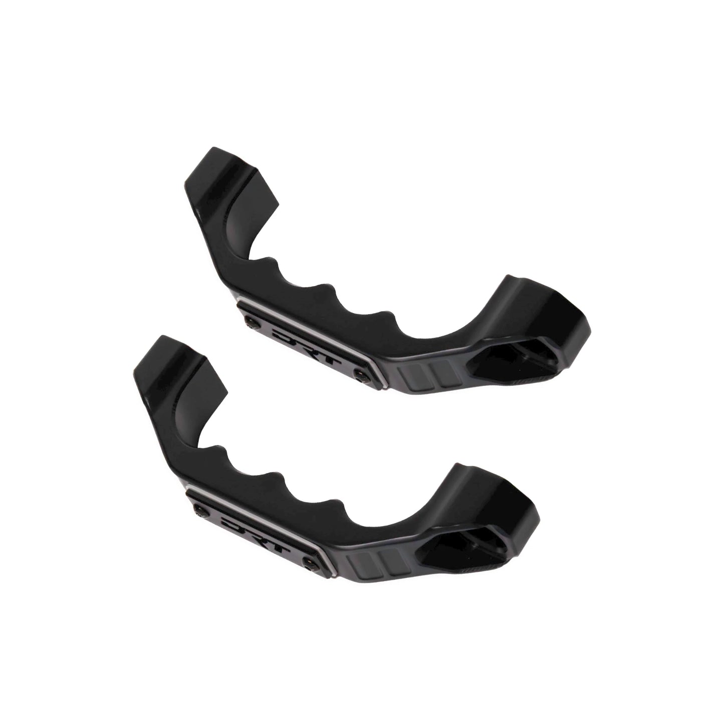 Two black plastic components on a white background