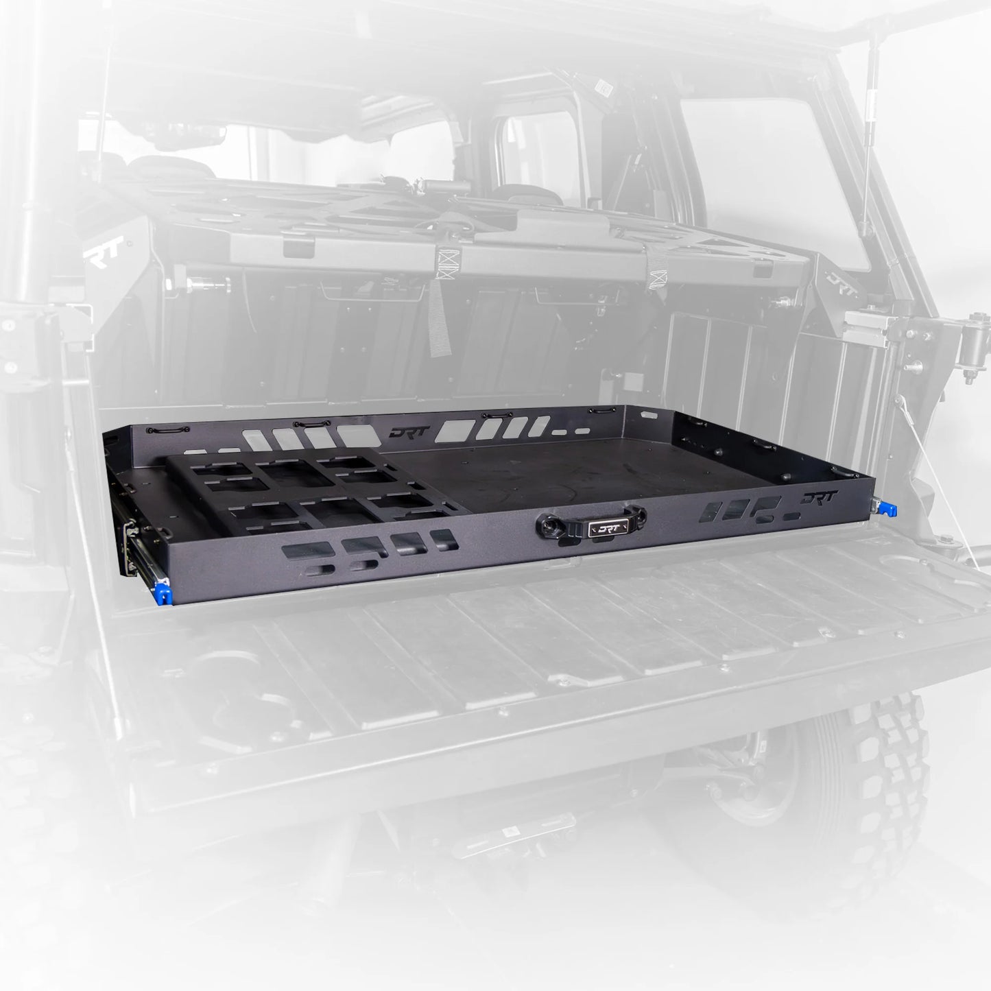 Black truck bed rack on a white truck bed
