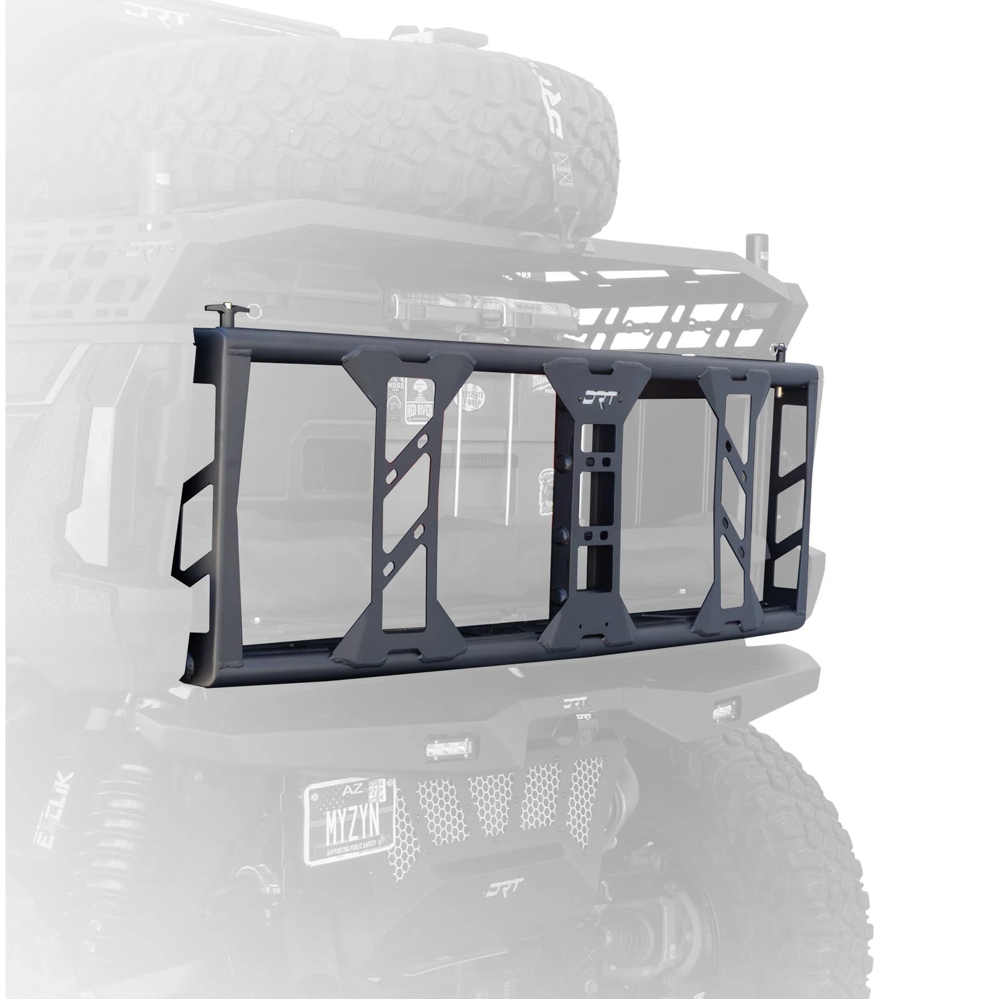 A black metal roof rack cargo carrier frame mounted on the rear of an off-road vehicle, shown against a faded white background.