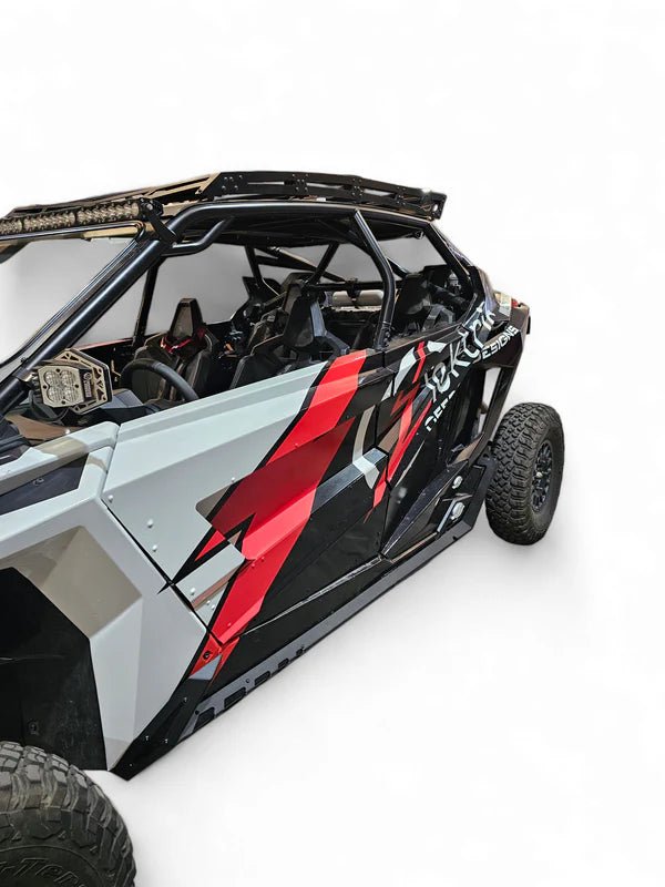 EOD VOLT ROCK SLIDERS GUARDS RAILS POLARIS RZR PRO XP PRO R TURBO R FOUR SEAT mounted top drivers view