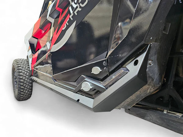 EOD VOLT ROCK SLIDERS GUARDS RAILS POLARIS RZR PRO XP PRO R TURBO R FOUR SEAT mounted rear drivers view