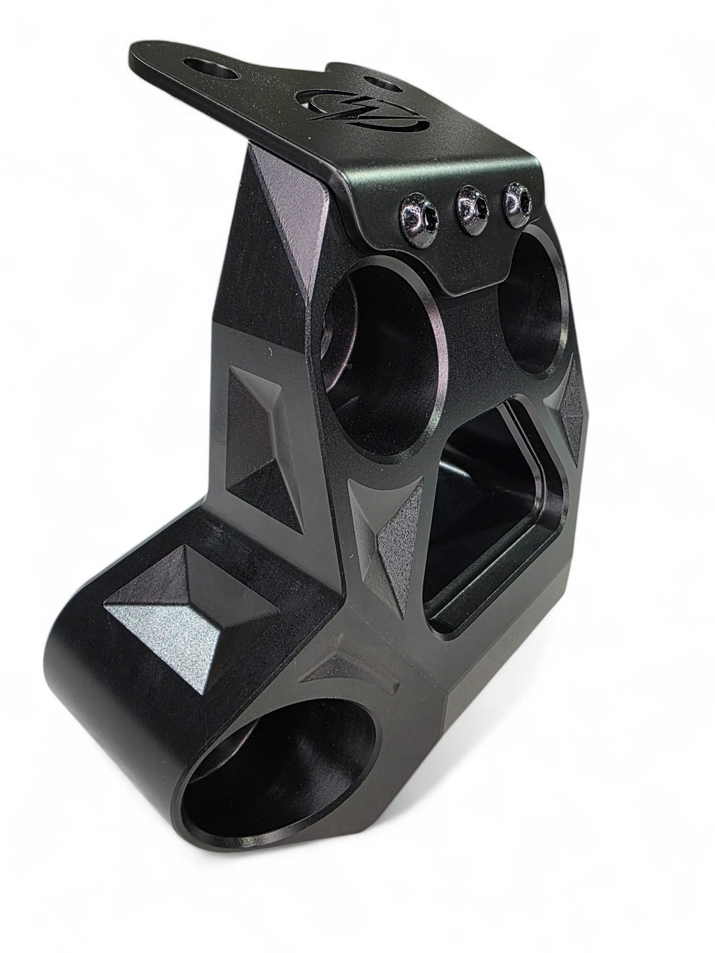 Black metal bracket with geometric design on a white background