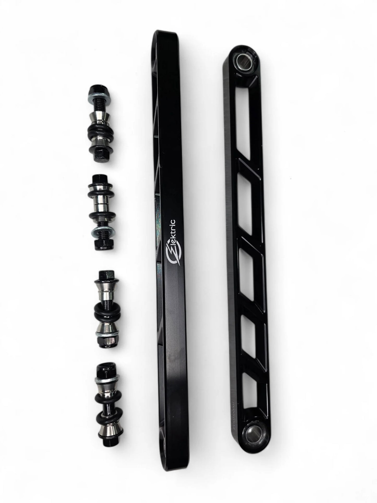 Black bicycle crankset with components on a white background