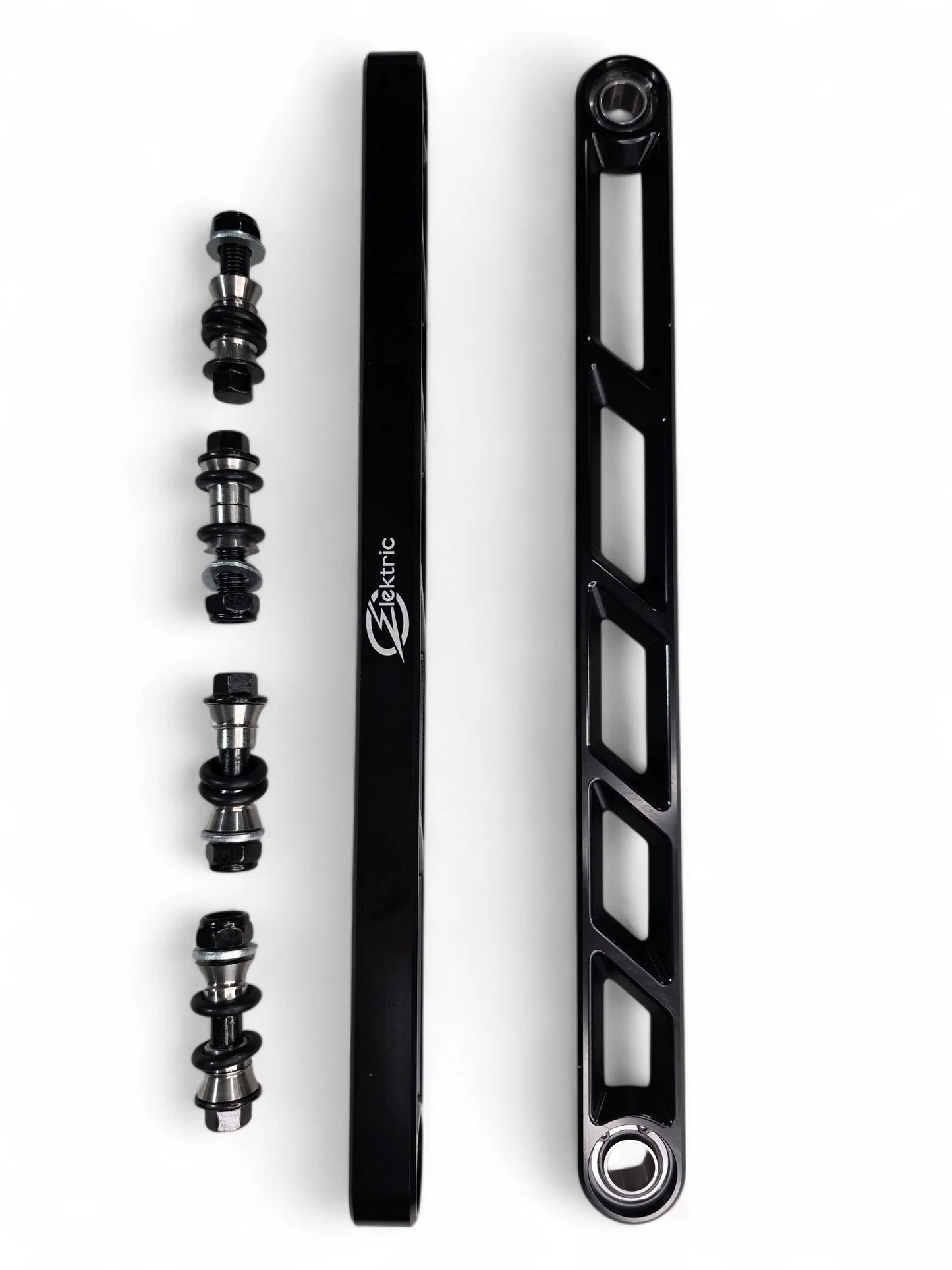 Black bicycle crankset with components on a white background