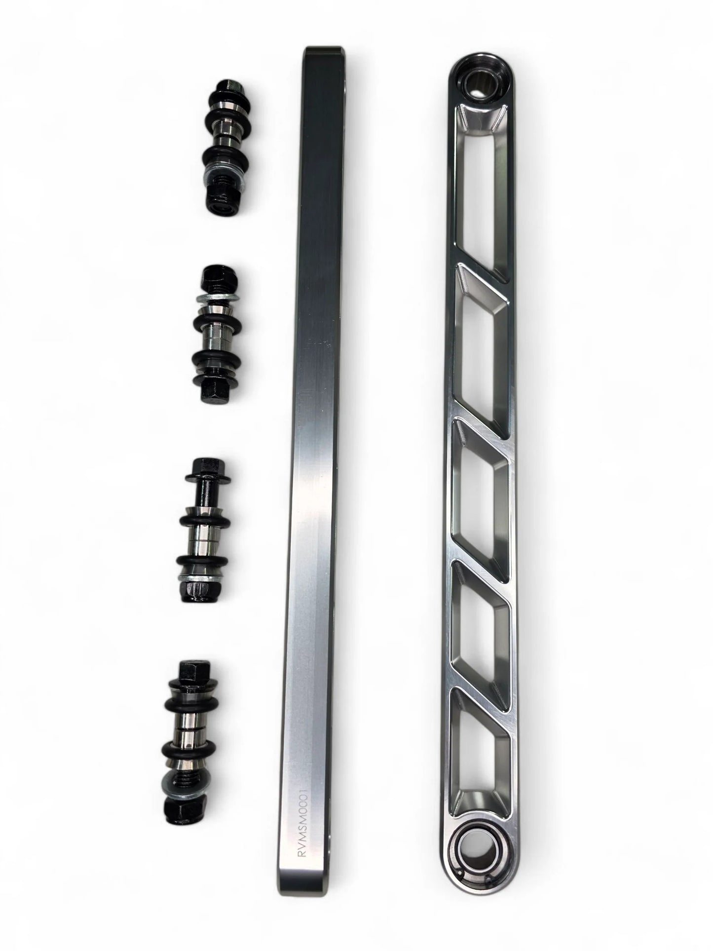 two elektric offroad rear sway bar links with hardware on white back ground