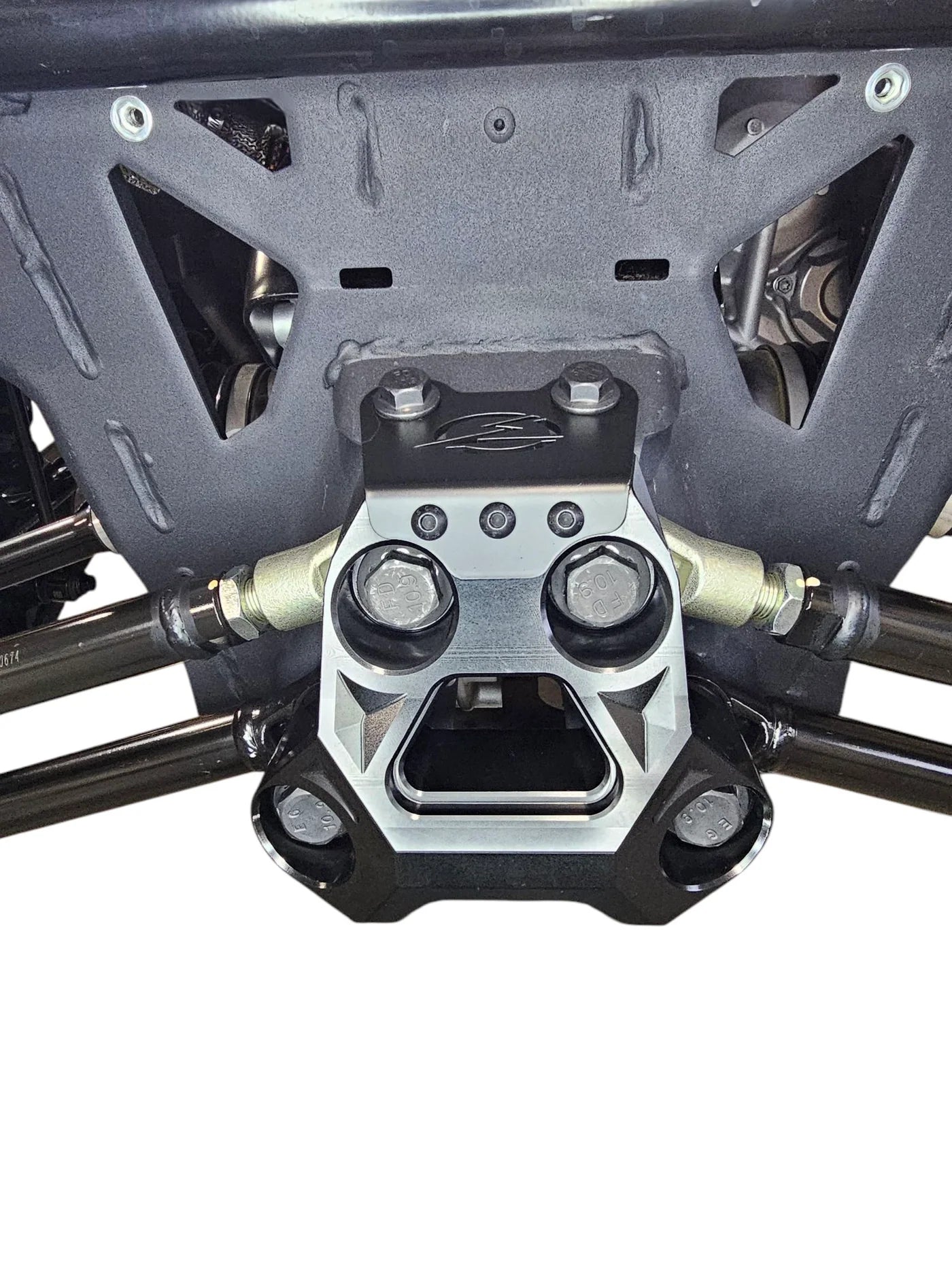 Close-up of a mechanical component with bolts on a white background