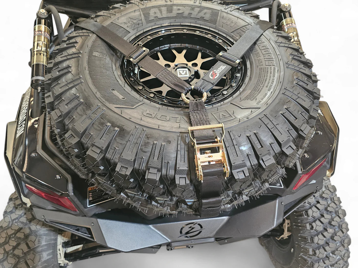 Elektric Offroad EOD Adjustable 3 Way Ratcheting Spare Tire Tie Down Y Strap 1.5" UTV Truck Jeep close up