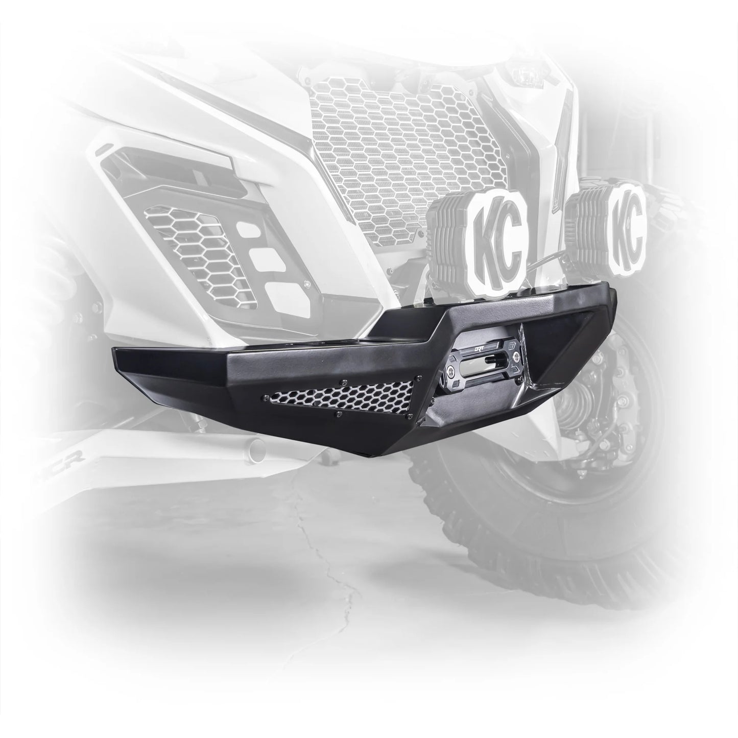 DRT Front Winch Bumper Guard W Mesh Inserts Black Fits: CAN-AM MAVERICK R 2024+ Mounted Side Black and white