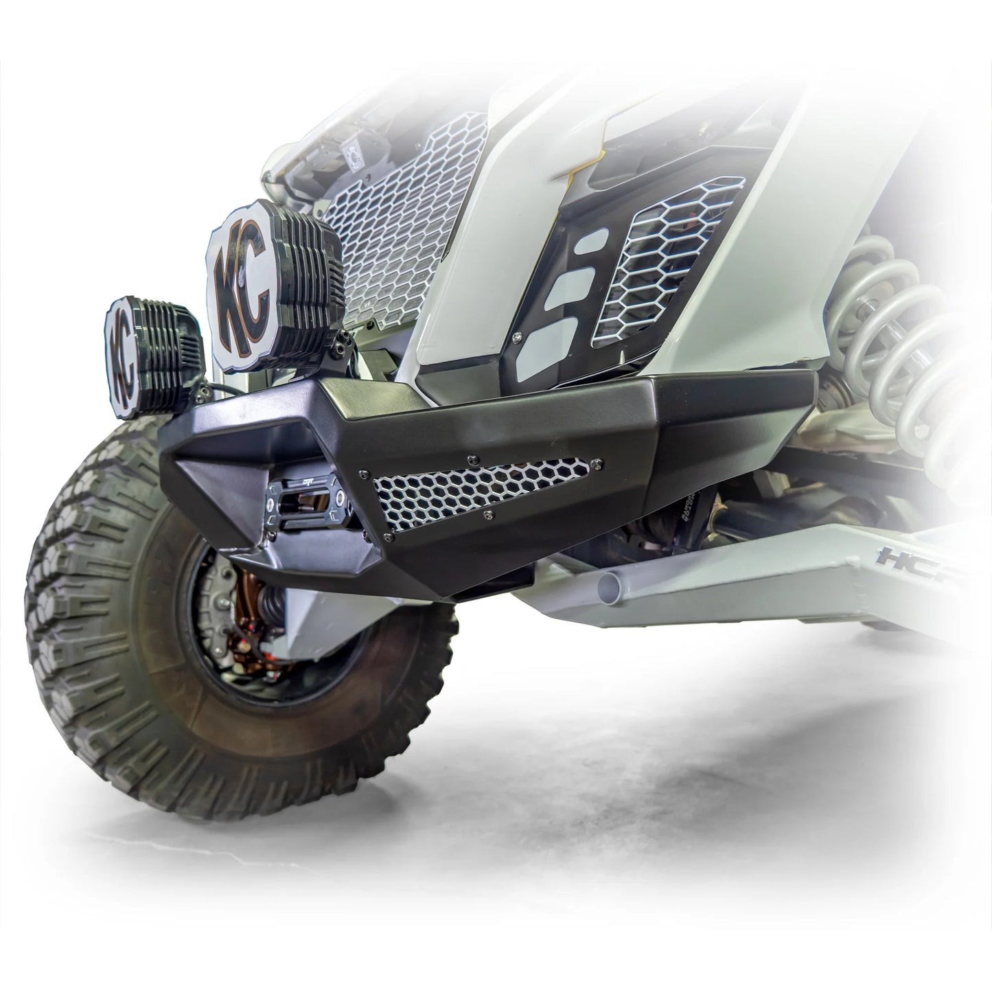 DRT Front Winch Bumper Guard W Mesh Inserts Black Fits: CAN-AM MAVERICK R 2024+ Mounted Side View