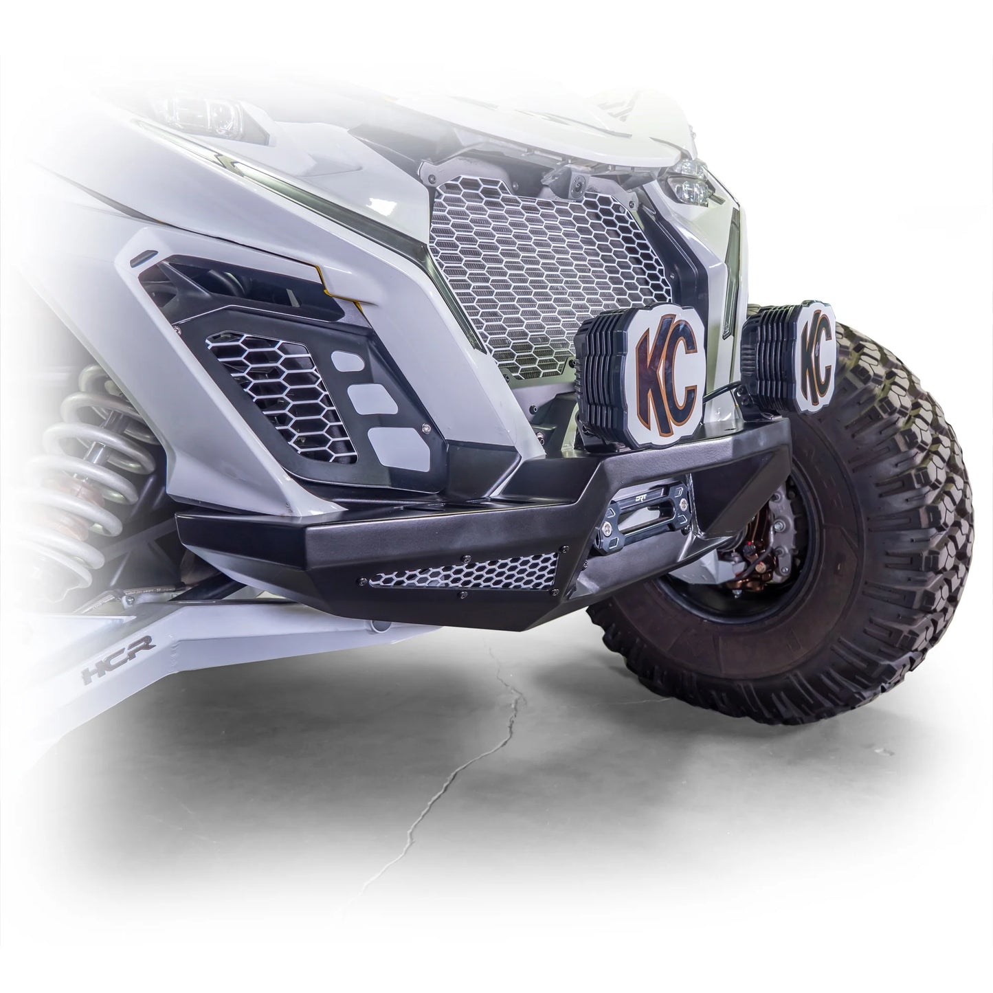 DRT Front Winch Bumper Guard W Mesh Inserts Black Fits: CAN-AM MAVERICK R 2024+ Mounted Side view