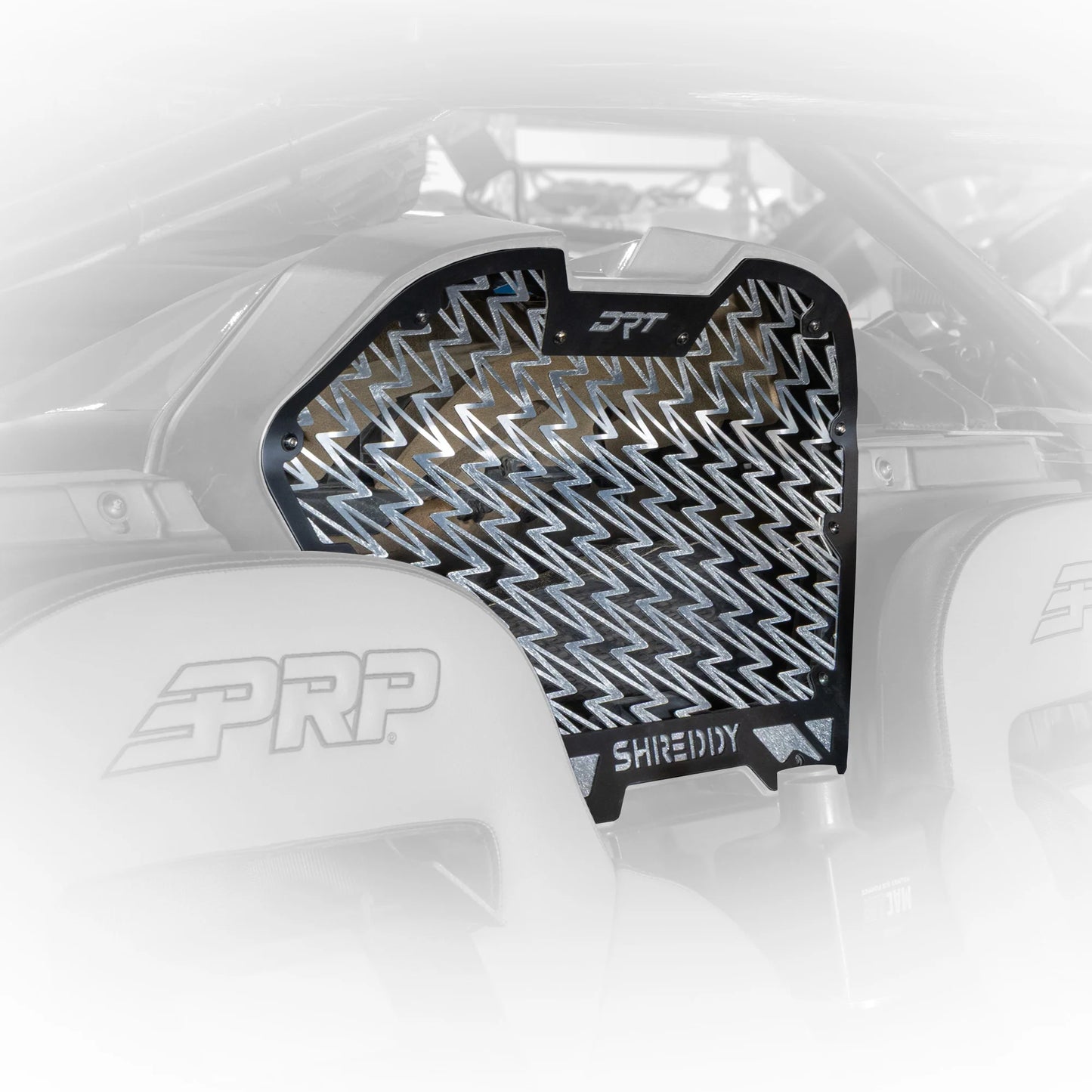 Motorcycle tank guard with PRP and Shreddy branding on a white background