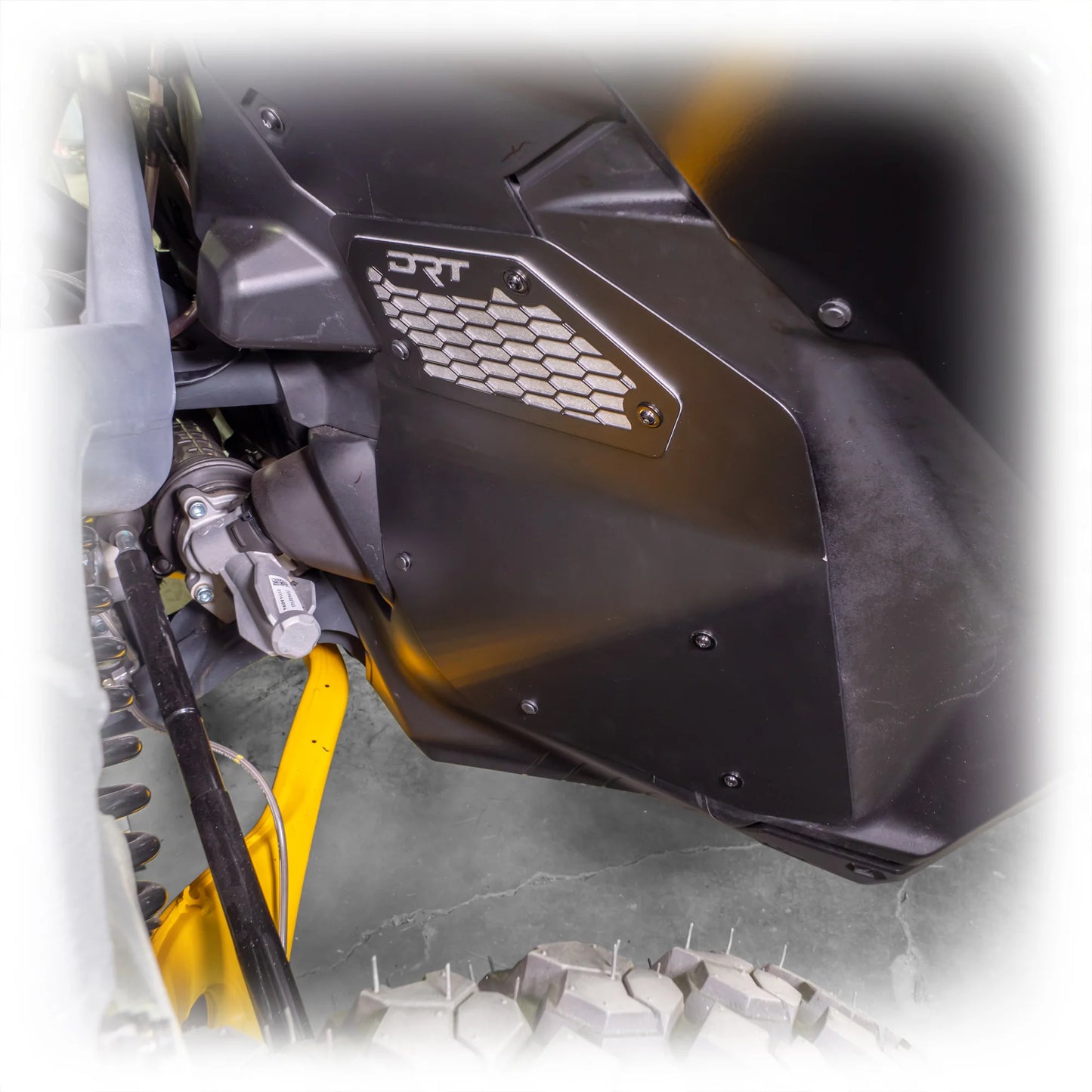DRT CAN AM MAVERICK R X / XRS 24+ Aluminum Front Inner Fender Rock Guards Drivers Side Detail View