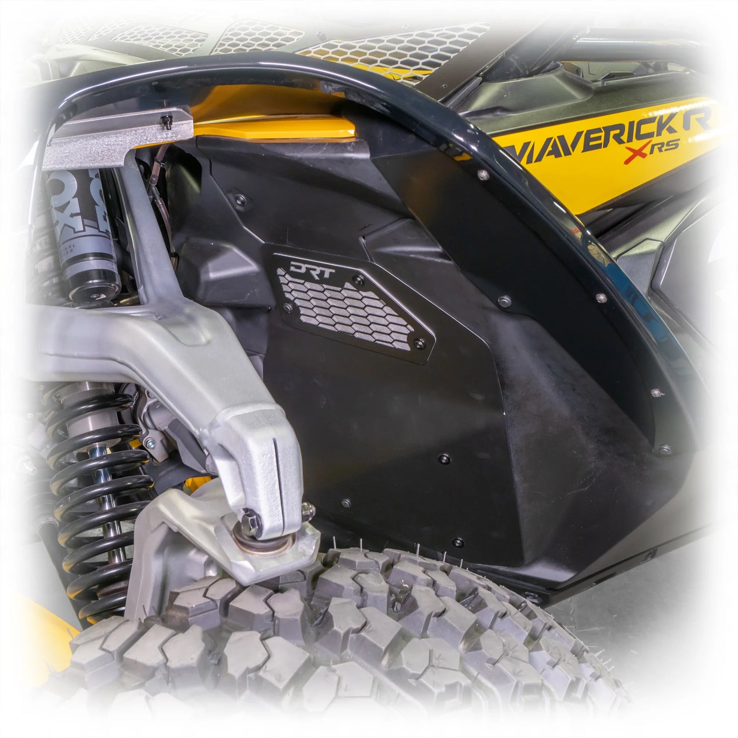DRT CAN AM MAVERICK R X / XRS 24+ Aluminum Front Inner Fender Rock Guards Drivers side Close View