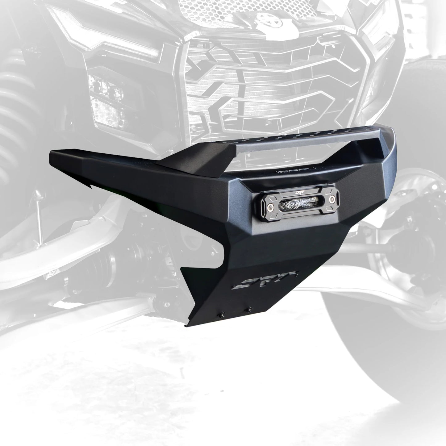 Black front bumper with winch mount on a vehicle, featuring the 'DRT' brand.