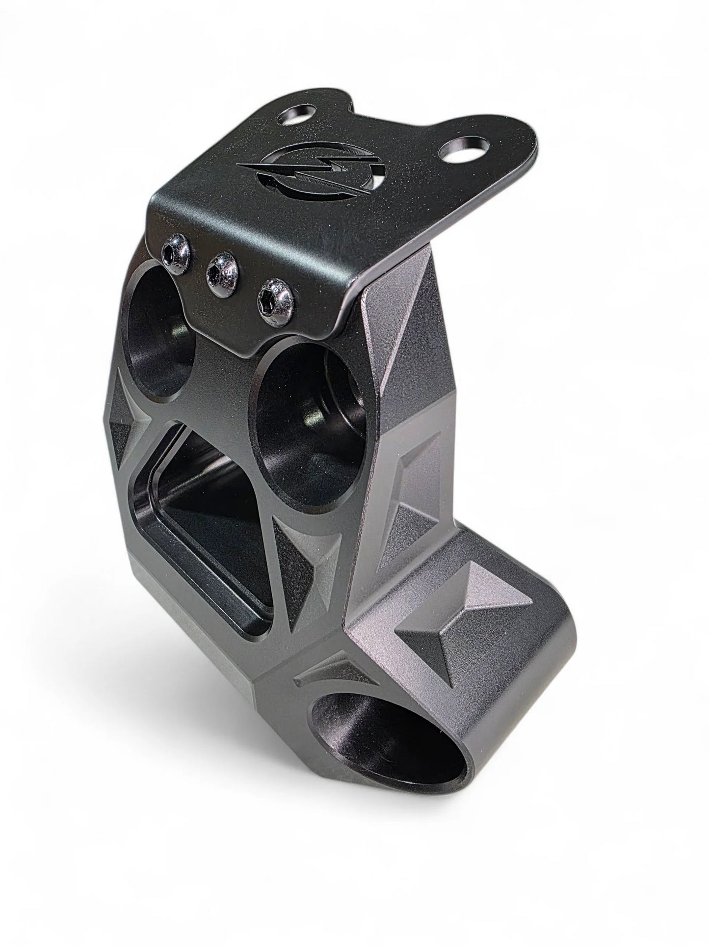 Metallic mechanical component with geometric design on a white background