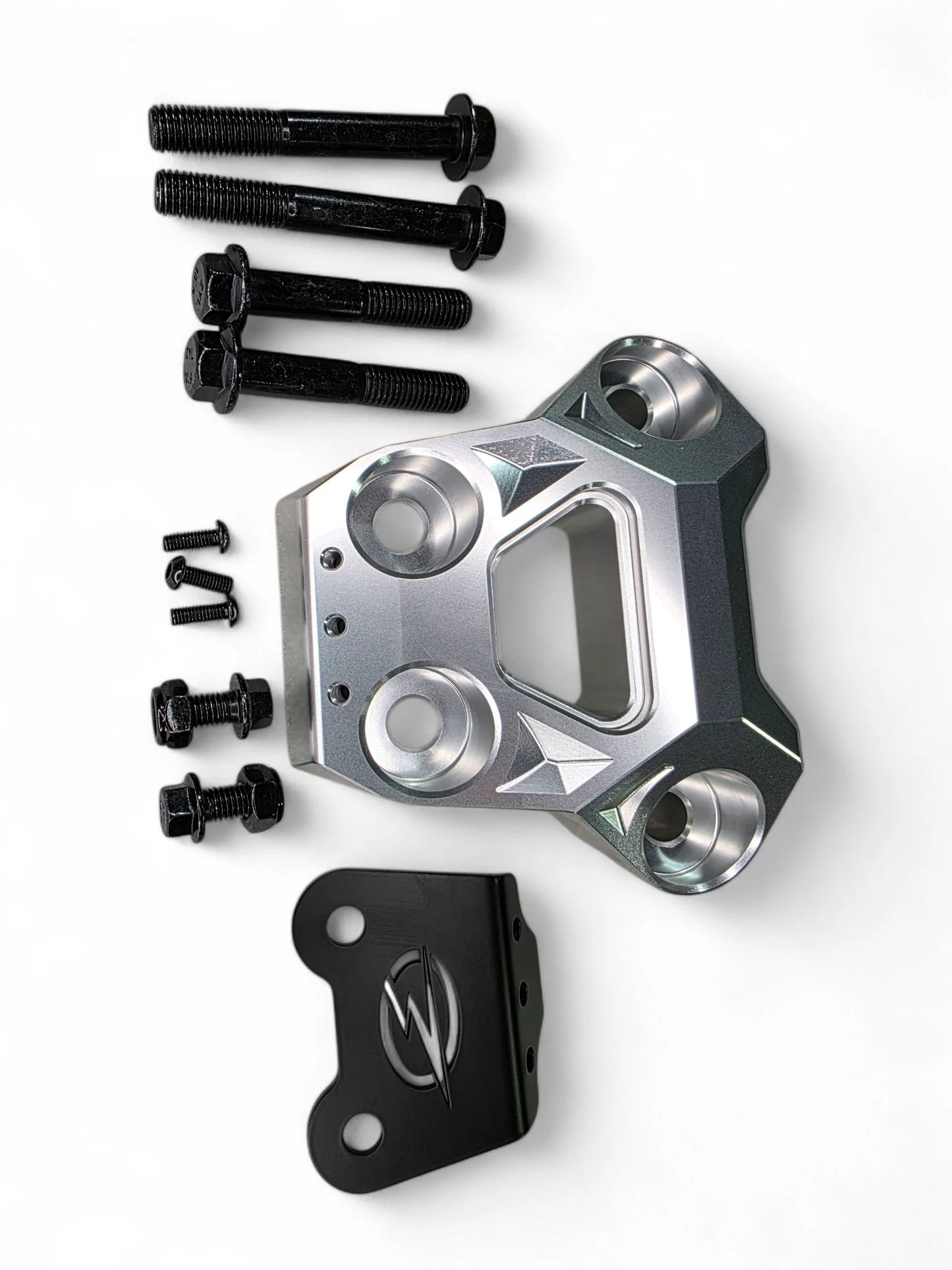 Metallic mechanical component with screws on a white background
