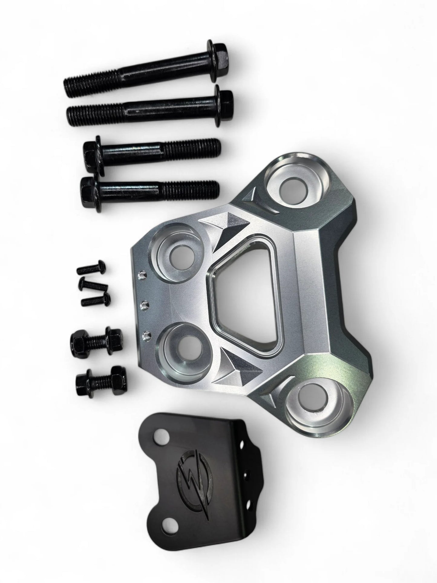 Metallic mechanical component with screws on a white background