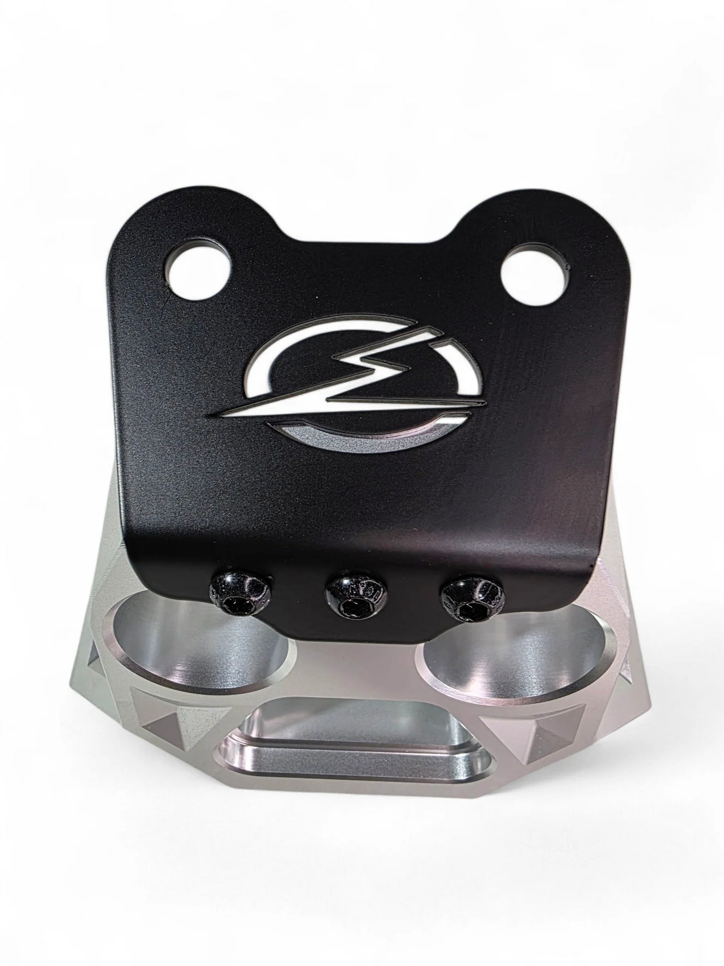 Metallic bracket with a logo on a white background