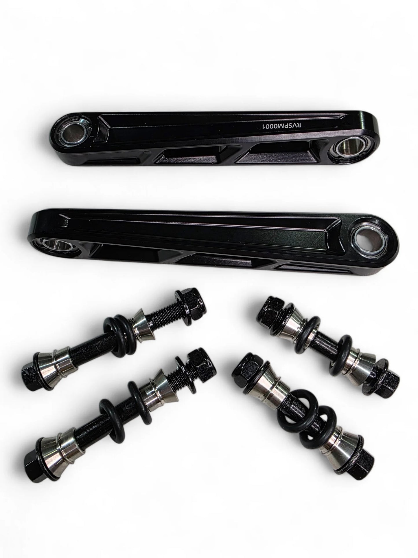 two black sway bar links with hardware on white background