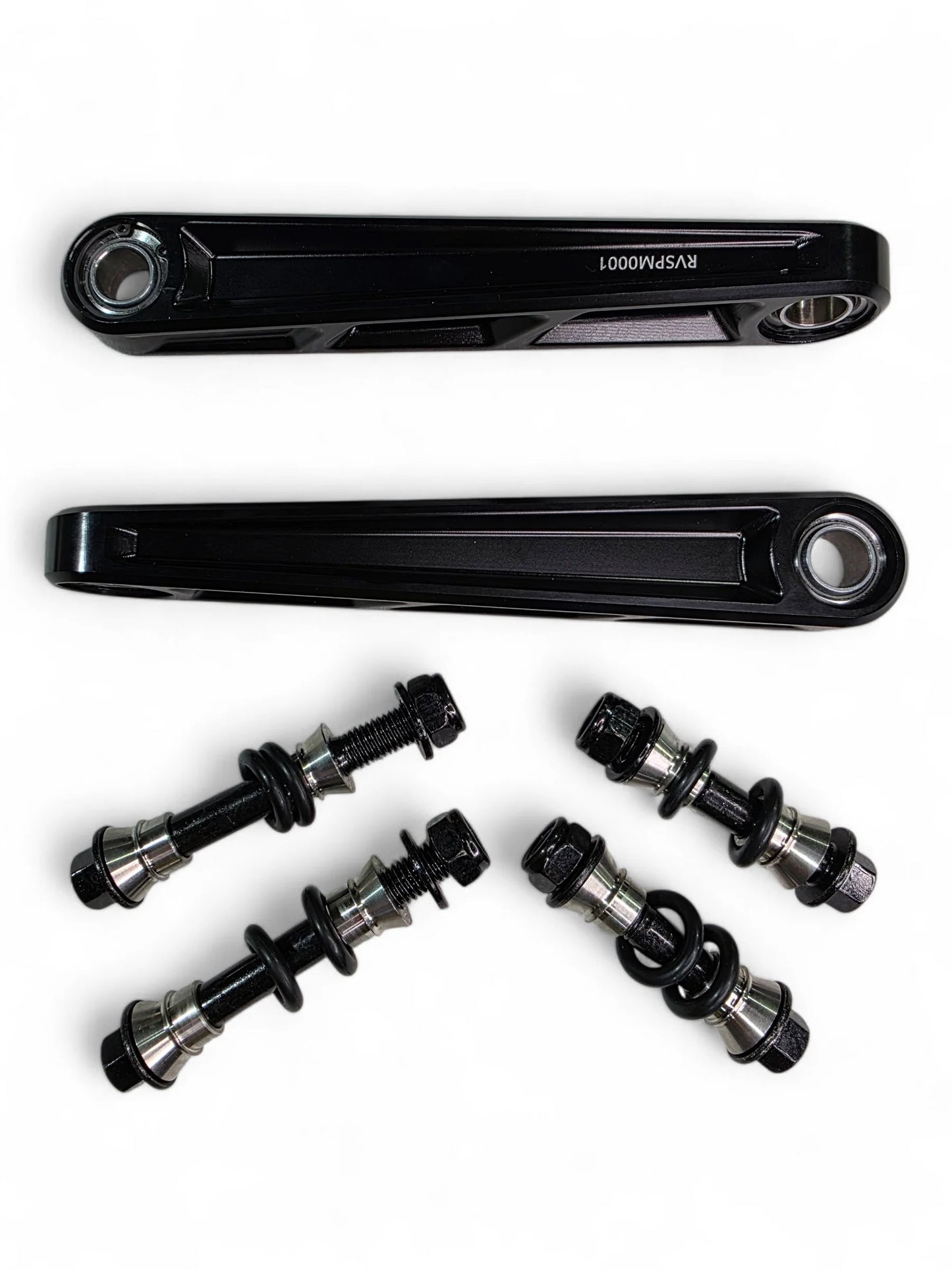 Two black sway bar links with hardware on white background