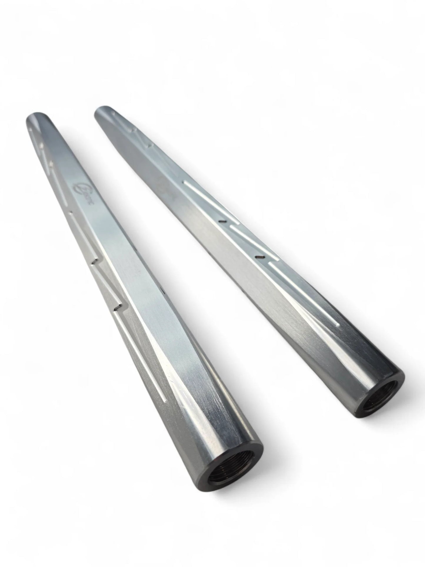 Two metallic silver pipes on a white background