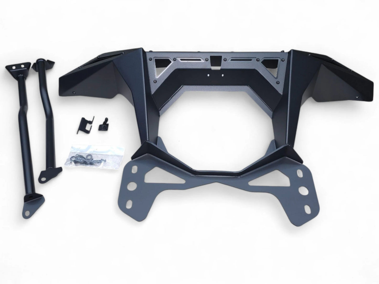 Black metal frame with attached parts on a white background