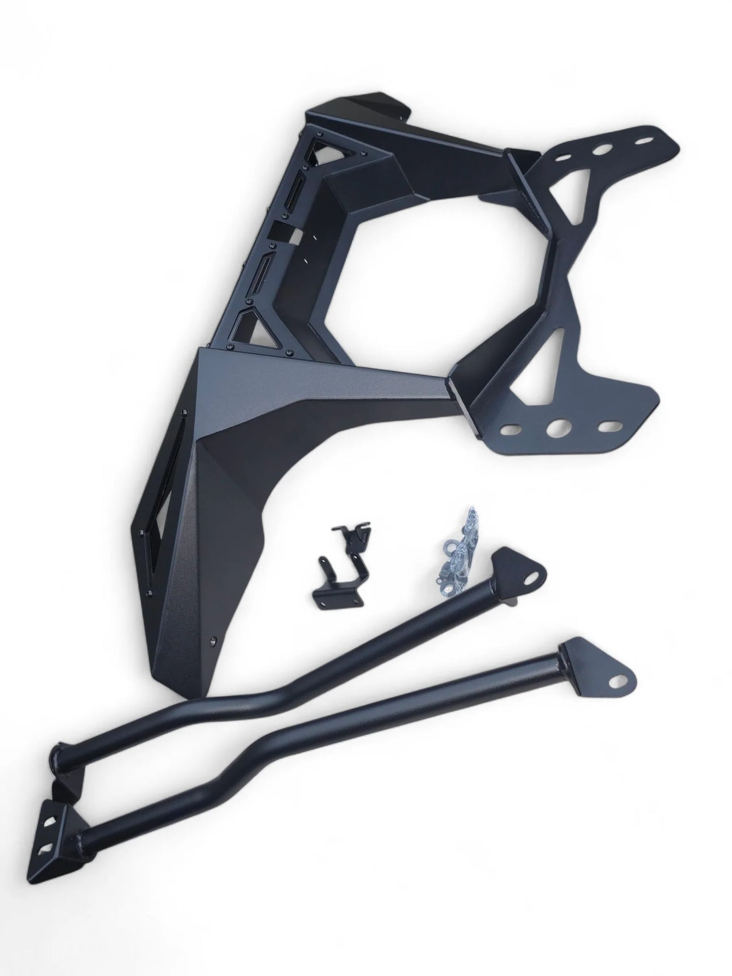 Black metal frame and components on a white background