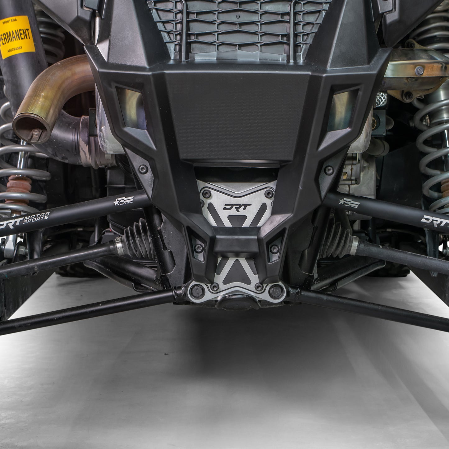 DRT Motorsports 3 PC Radius Rod Reinforcement Plate Polaris Pro XP installed with exhaust cover