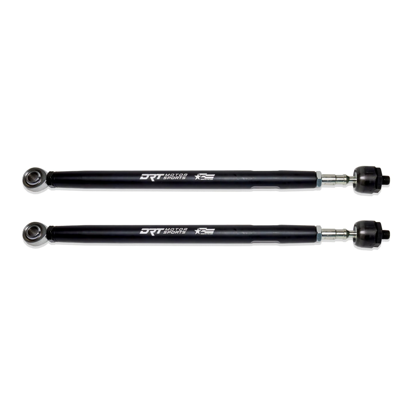 Two black metal shafts with 'DRT Motorsports' branding on a white background