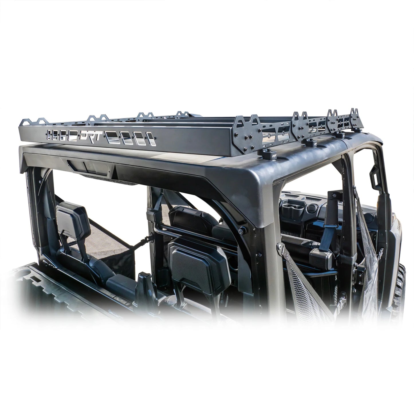 Partial view of a vehicle with an open roof and side panels on a white background