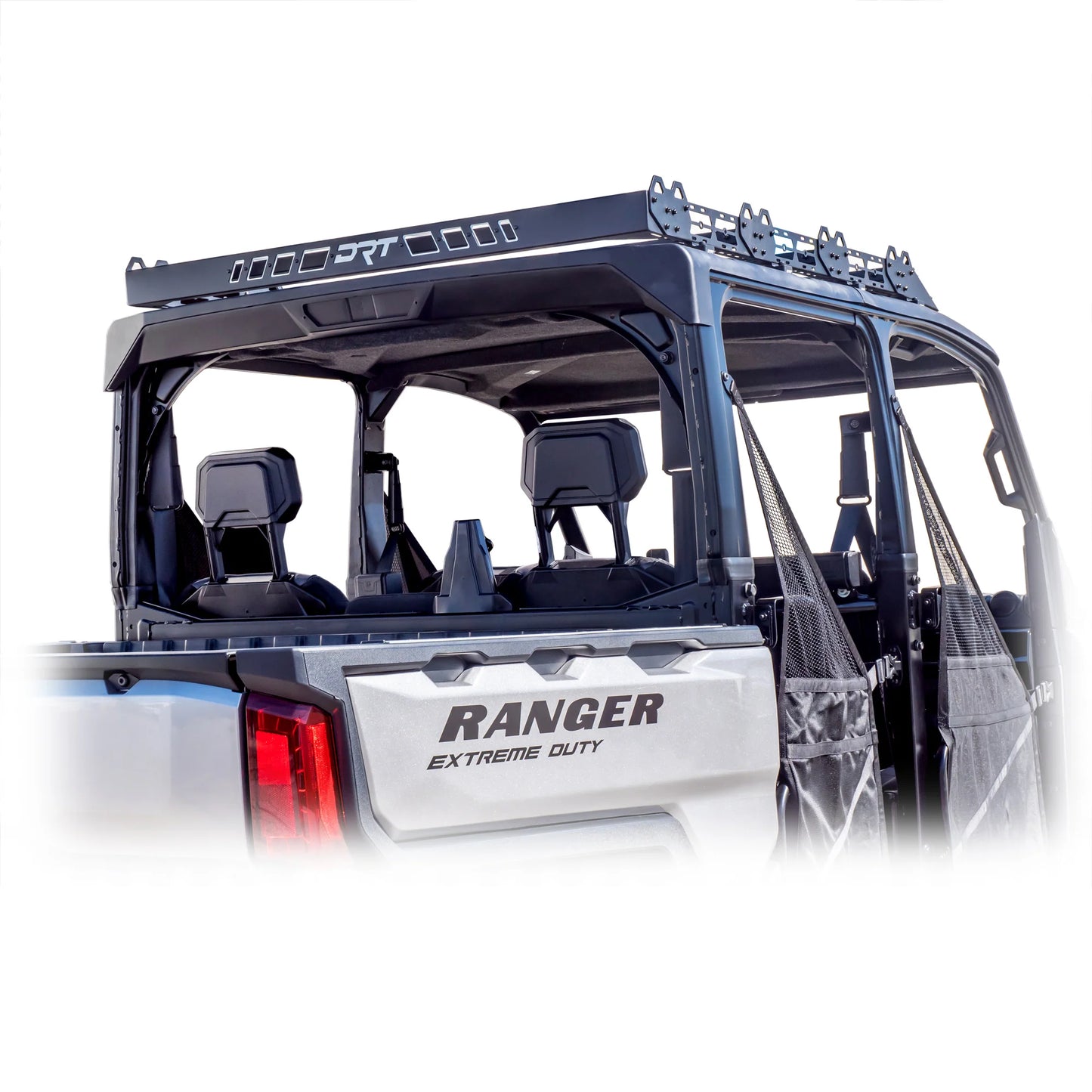 Back view of a Ranger Extreme Duty vehicle with open doors and roof rack on a white background