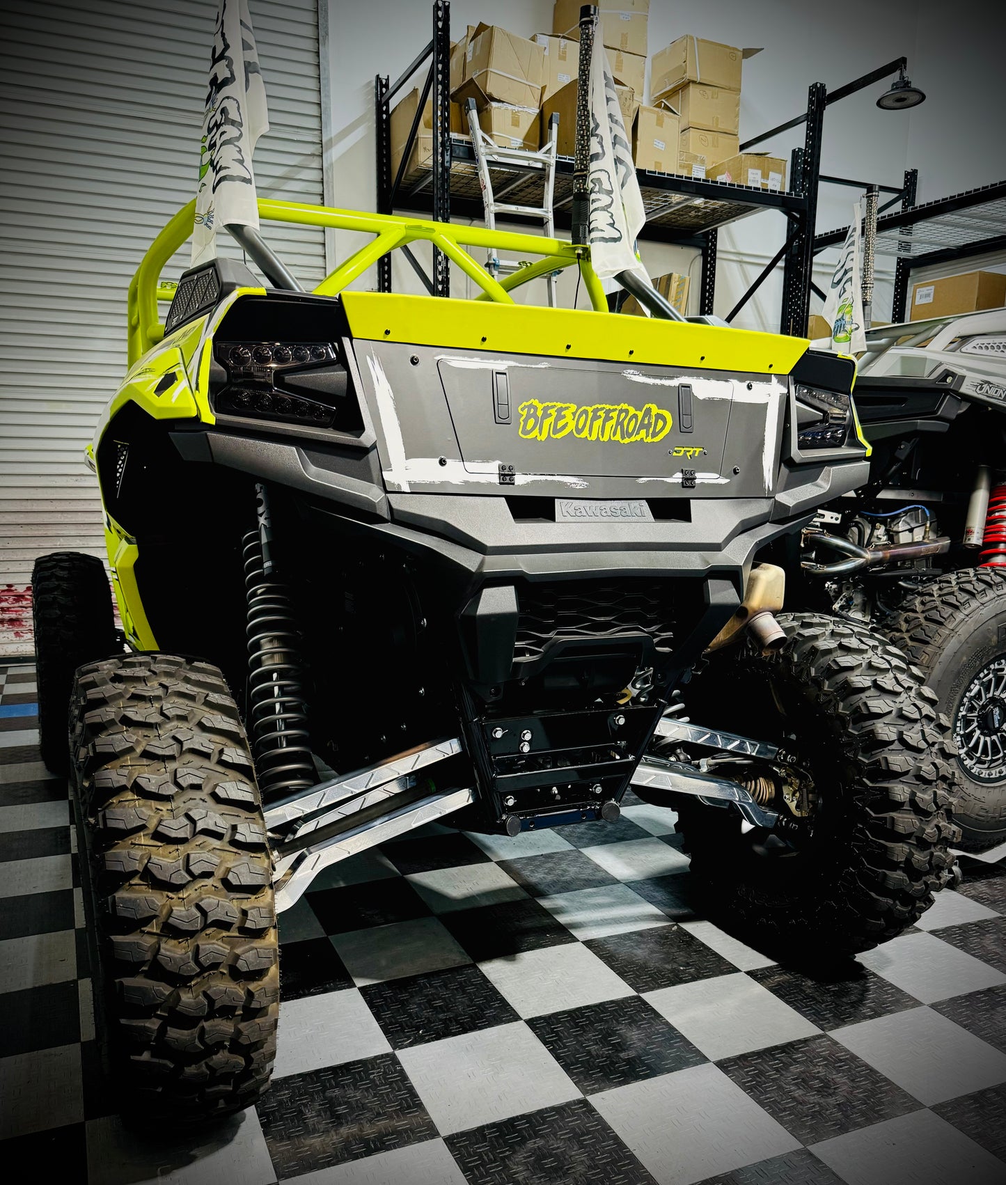 SuperATV Kawasaki Teryx KRX 1000 High Clearance Billet Aluminum Radius Arms Rods Mounted on BFE Offroad KRX 1000
