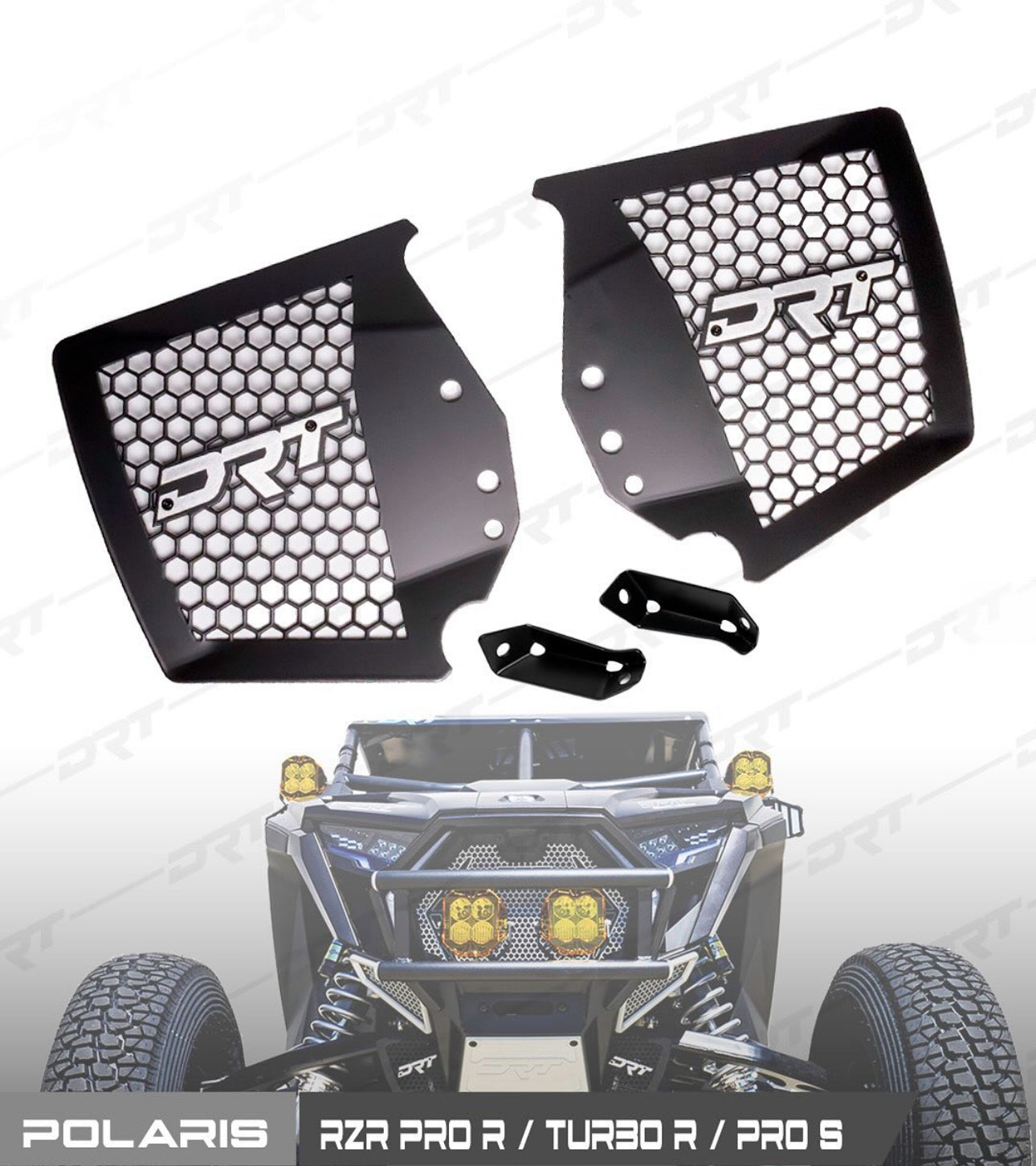 Black honeycomb grills with 'RTR' branding on a white background, featuring Polaris RZR Pro R/Turbo R/Pro S in the foreground.