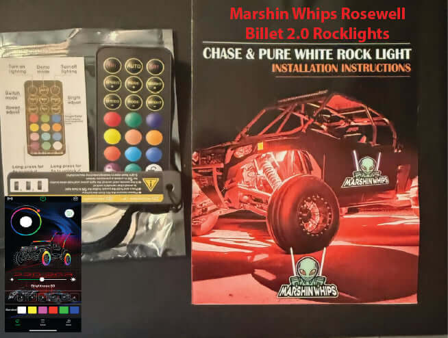 Marshin Whips Rosewell Billet 2.0 Rocklights with remote control and installation instructions on a dark surface.