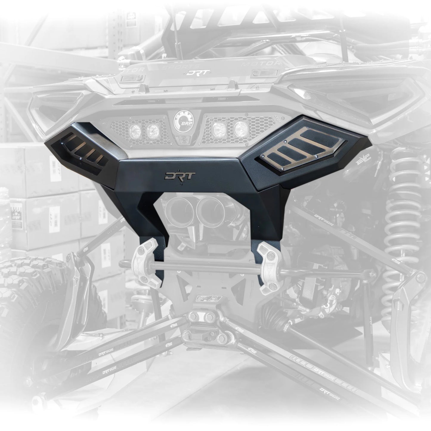 Car undercarriage with 'DRT' branding on a transparent background