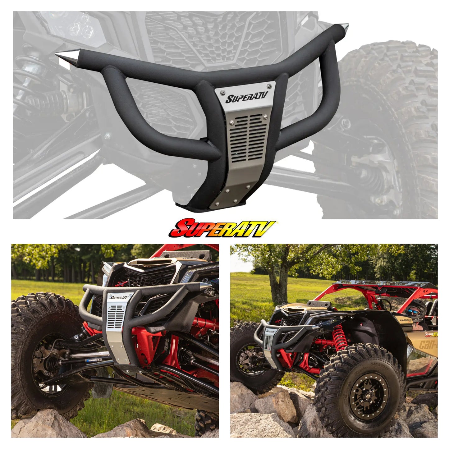 SuperATV bumper on an off-road vehicle with additional images of the vehicle in action.