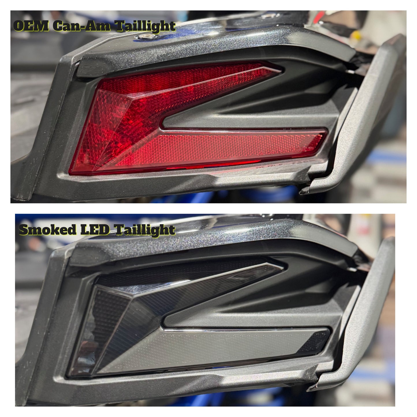 Comparison of OEM Can-Am taillight and smoked LED taillight on a blurred background.