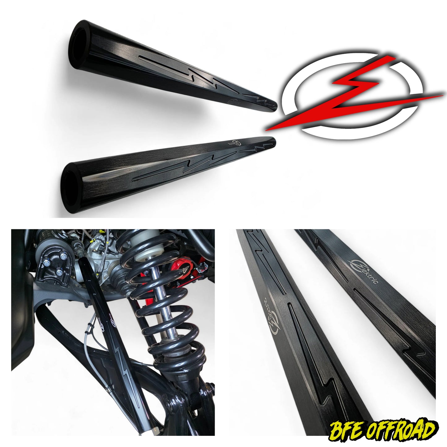 Collage of off-road vehicle parts with BFE Offroad logo