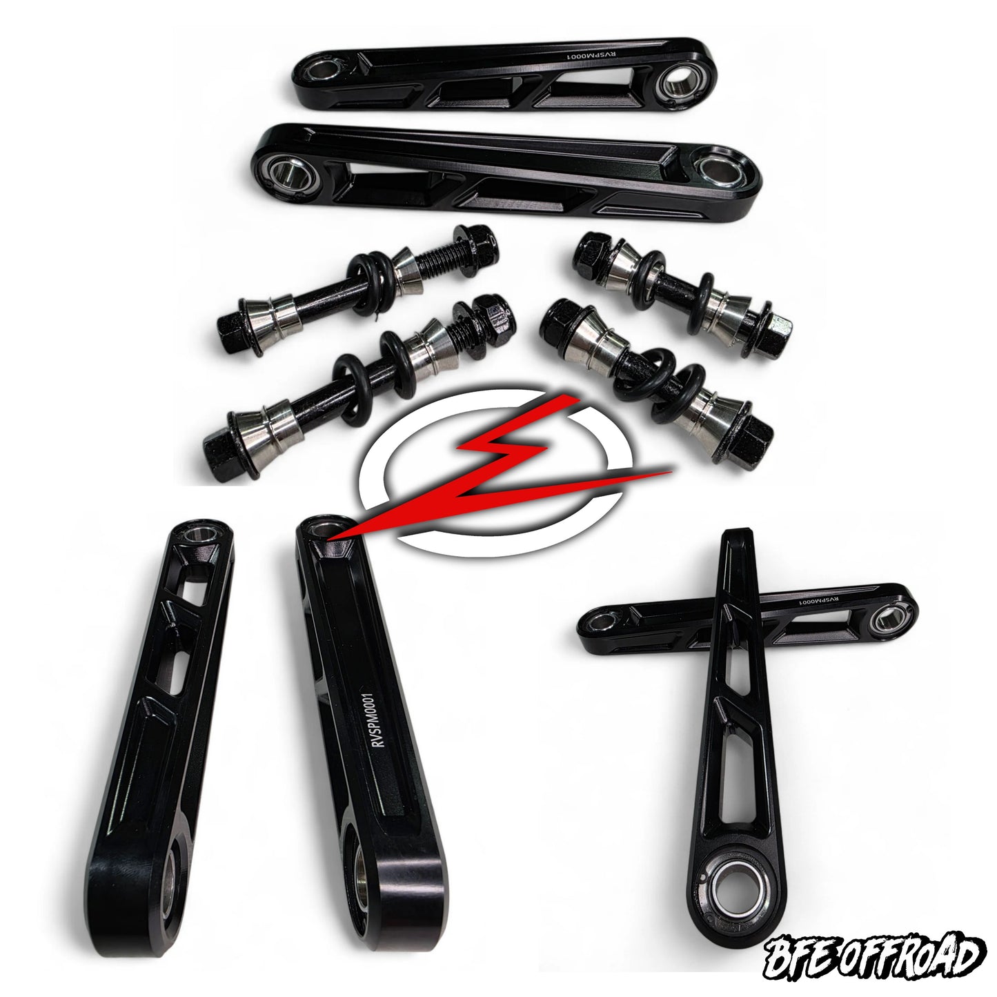 Black metal components on a white background with a brand logo.