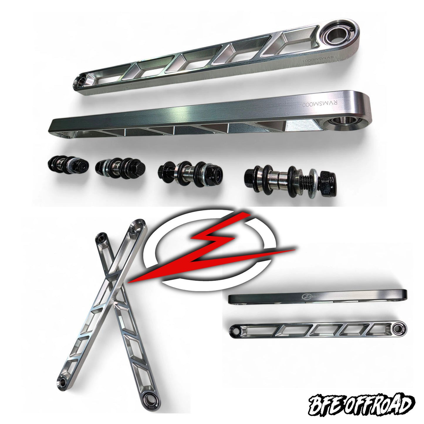 Metallic suspension components with a branded logo on a white background
