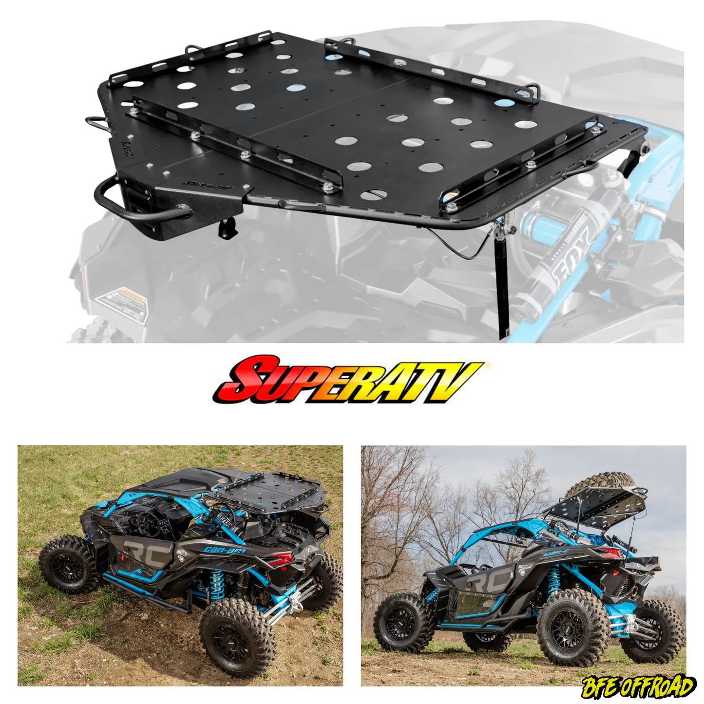 Black roof rack system on a vehicle with SuperATV branding, shown on a white background.