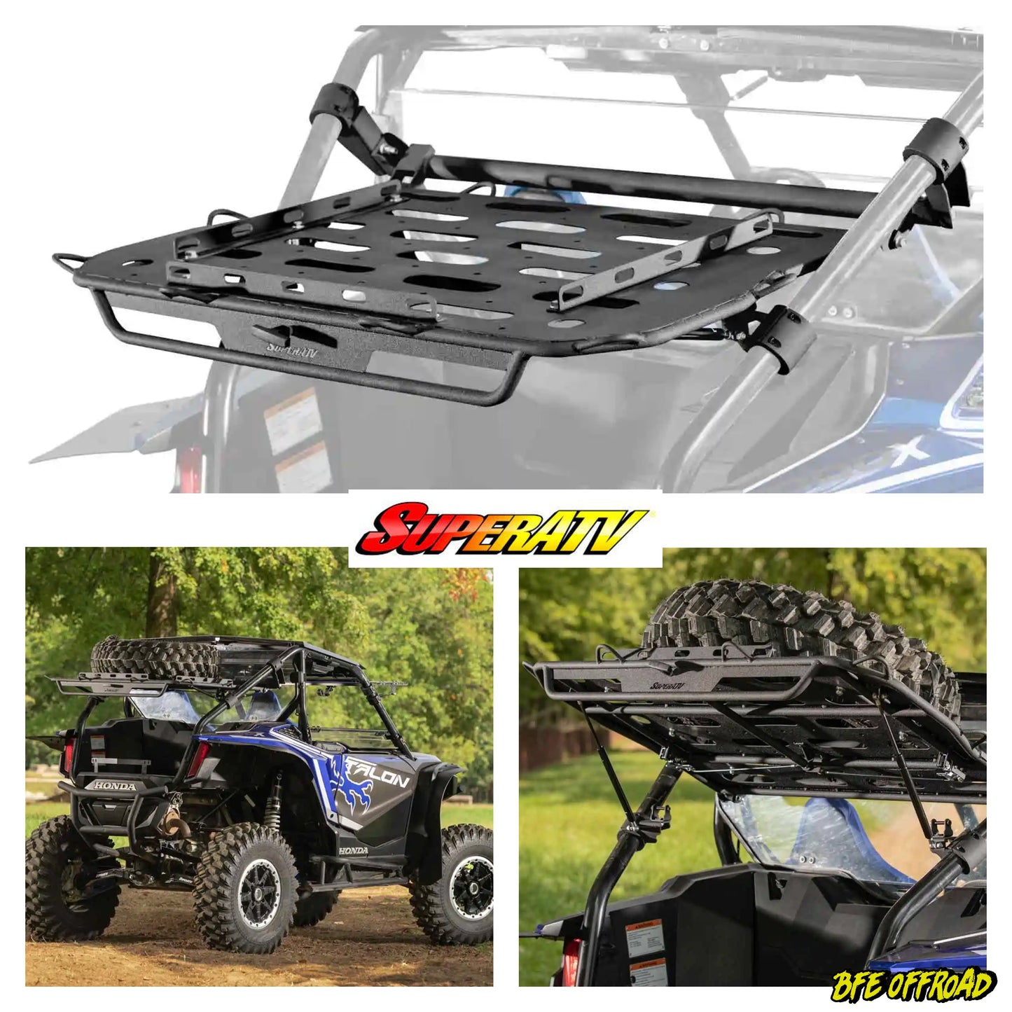 Top view of a roof rack on a vehicle with SuperATV logo and additional images of off-road vehicles with roof racks.