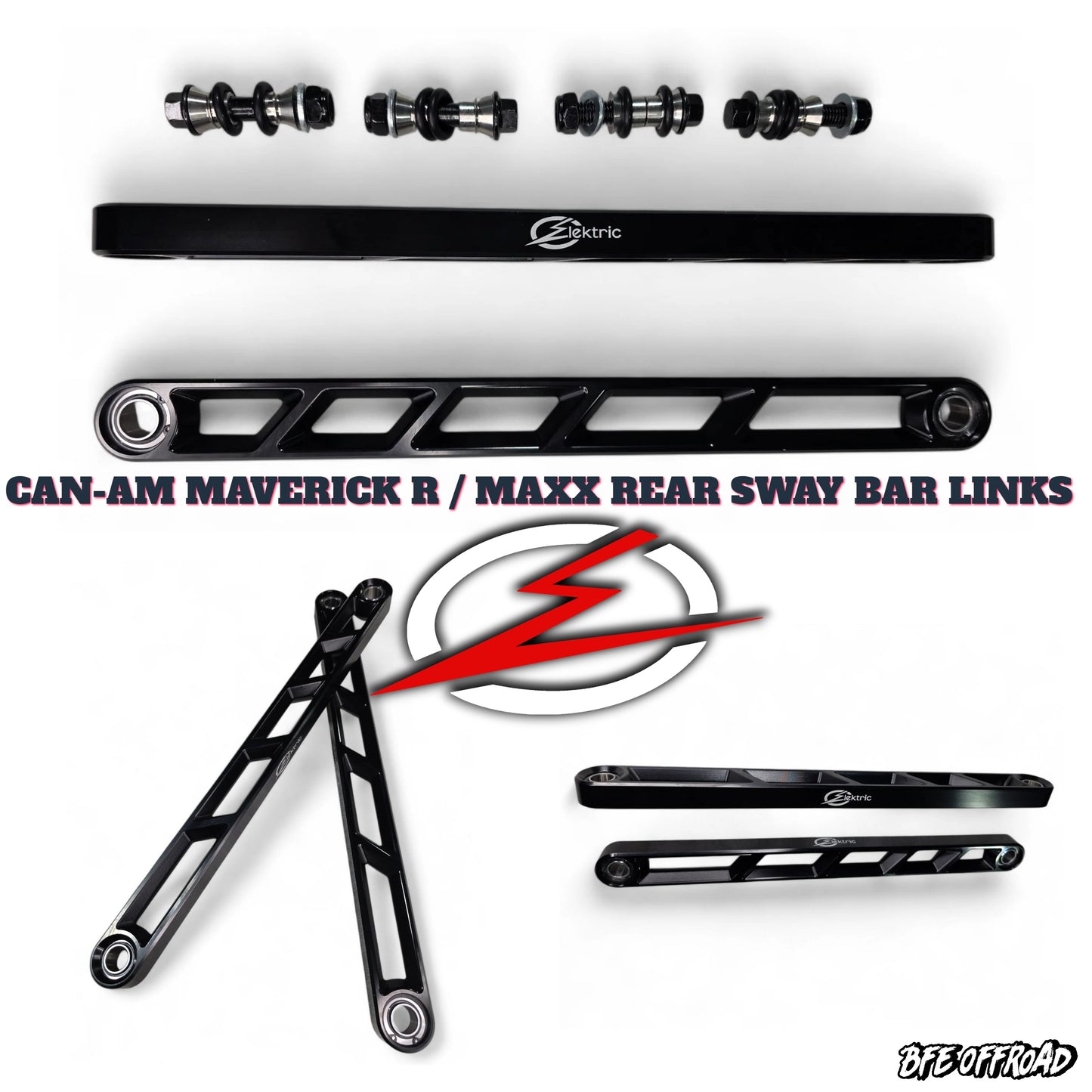 Can-Am Maverick R/Maxx rear sway bar links with electric branding on a white background