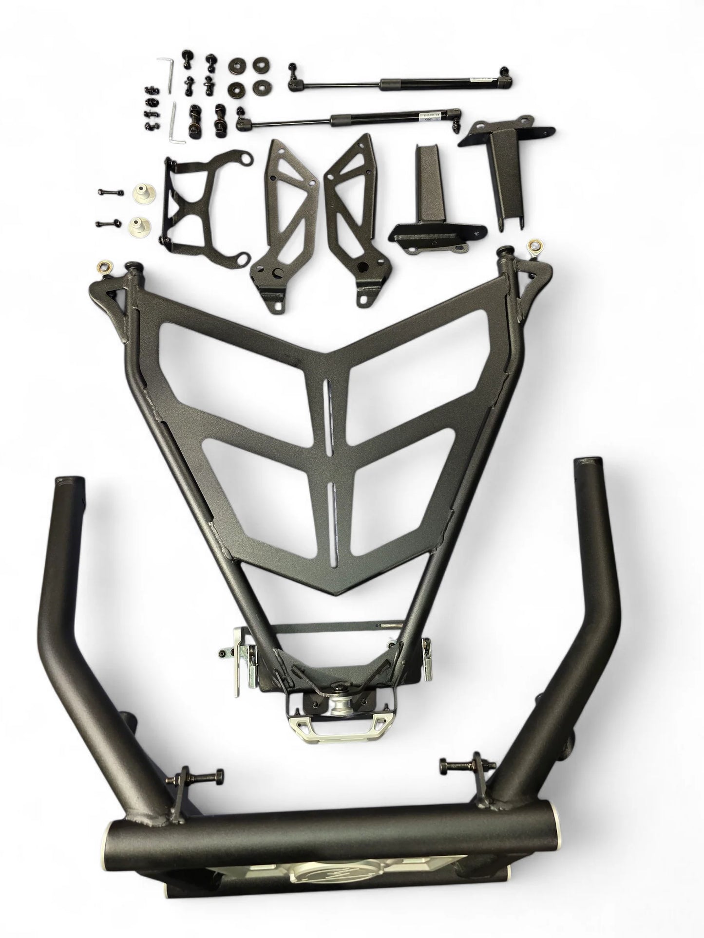 Motorcycle frame and parts on a white background