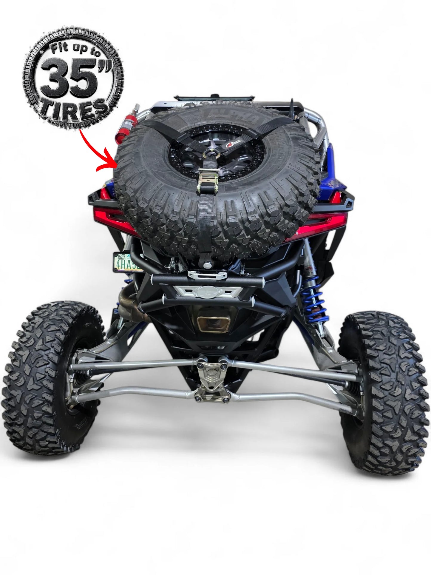 Off-road vehicle with large tire and suspension system on a white background